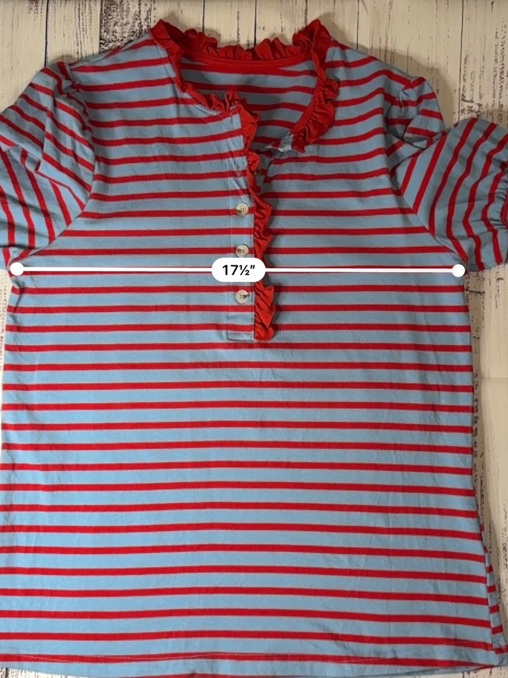 Striped Ruffle Henley Tee - Blue & Red - Picture 5 of 10